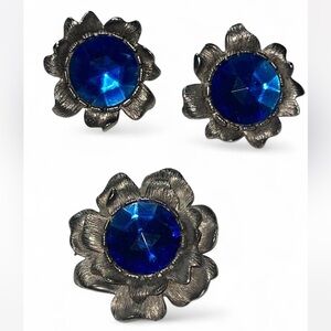 Craft Vintage Flower Set Clip on Earrings and Brooch in Pewter & Blue Glass